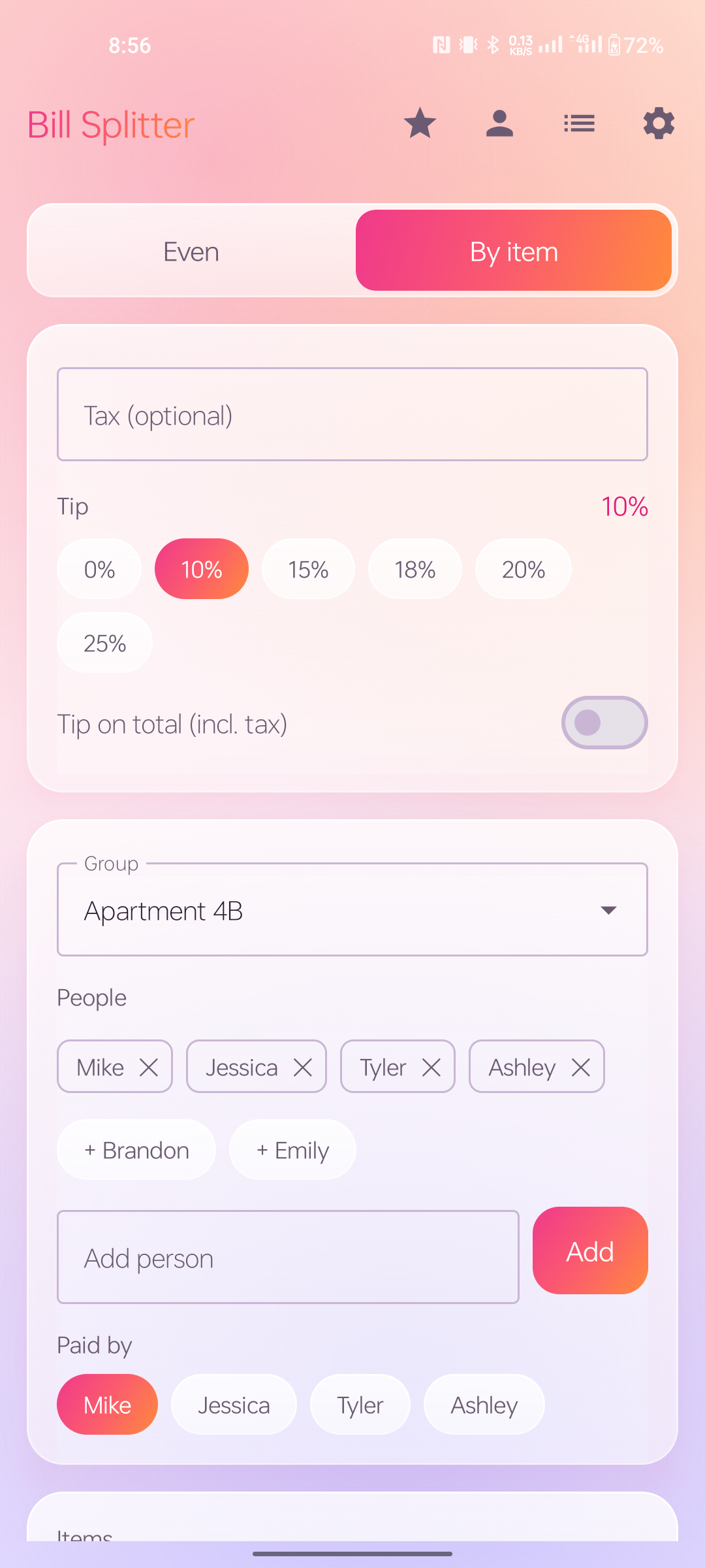 Split a bill evenly or by item with tip presets and groups