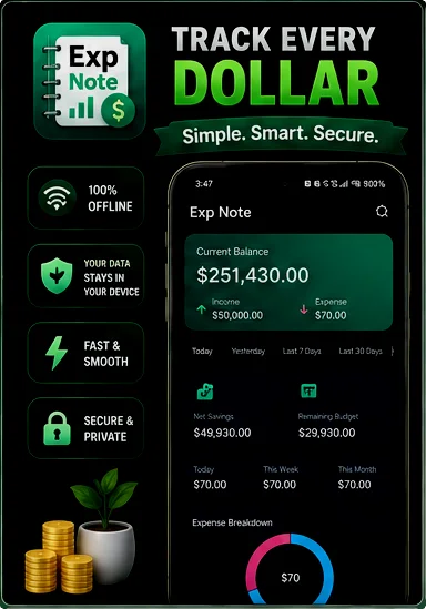 Exp Note dashboard — current balance, income, expenses and spending breakdown