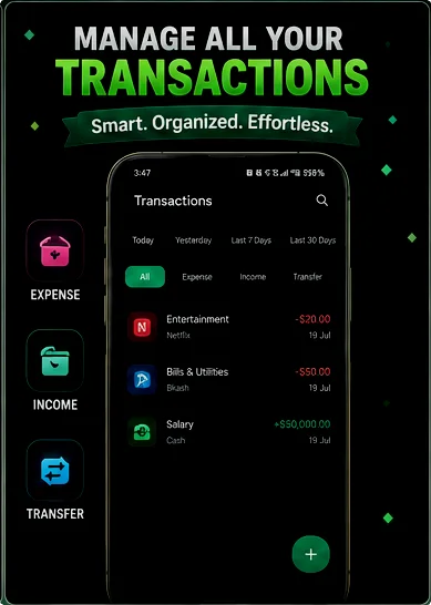 Transactions list with income, expense and transfer types