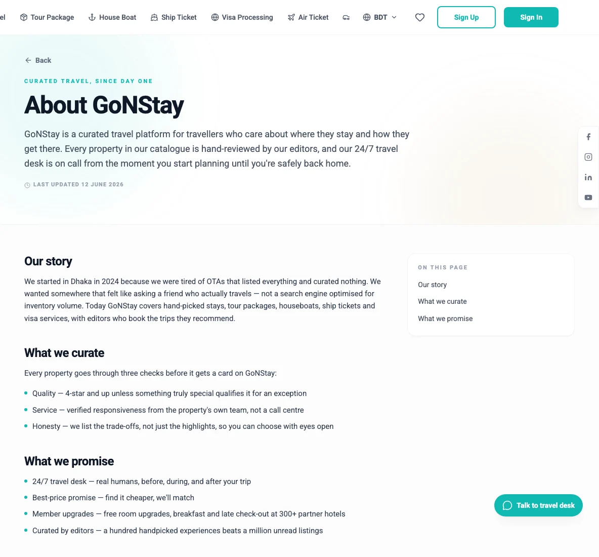 The GoNStay About page describing the editorial curation standard and the platform's promises