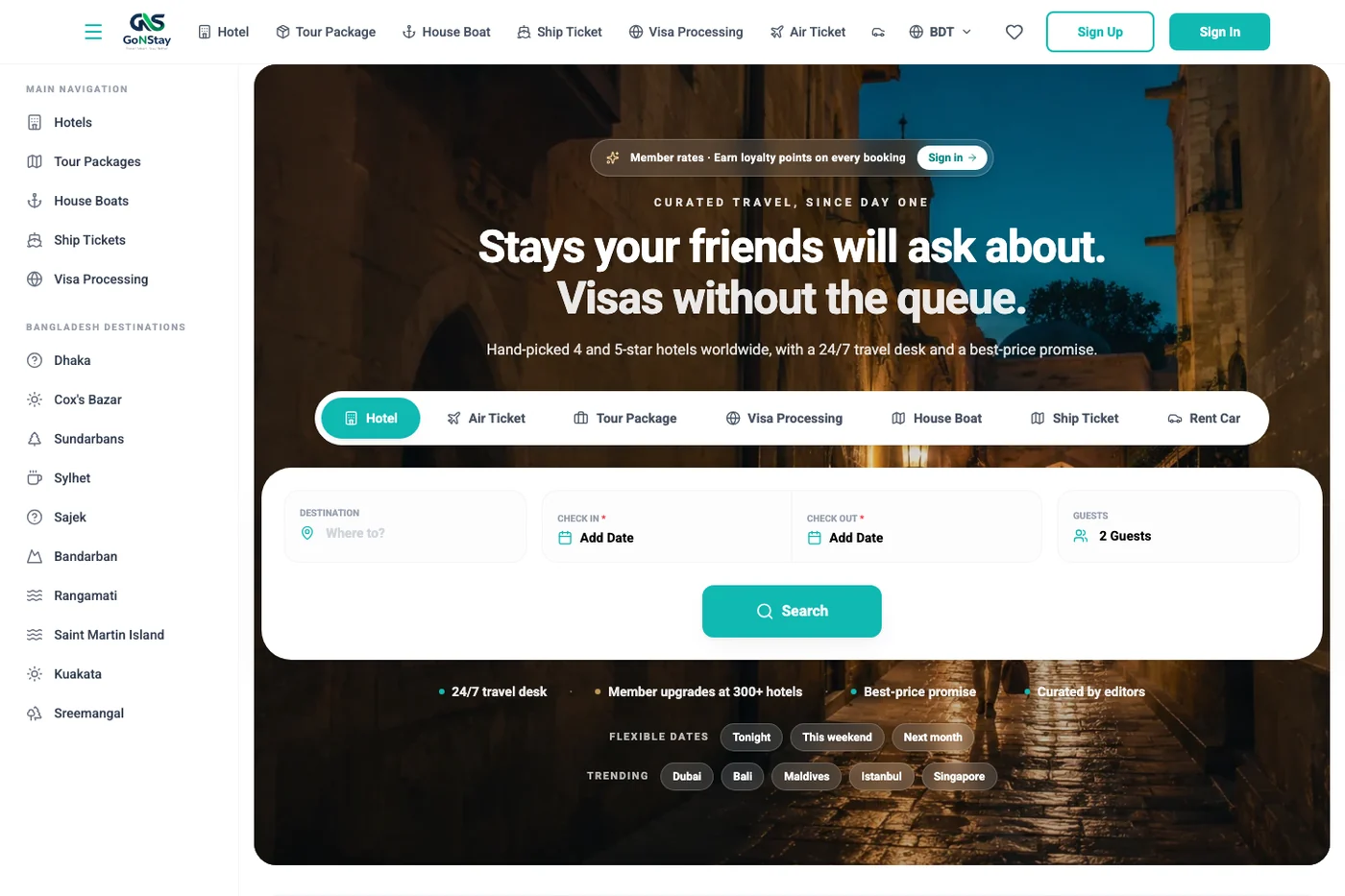 GoNStay home page: unified search across hotels, air tickets, tour packages, visa processing, house boats and ship tickets