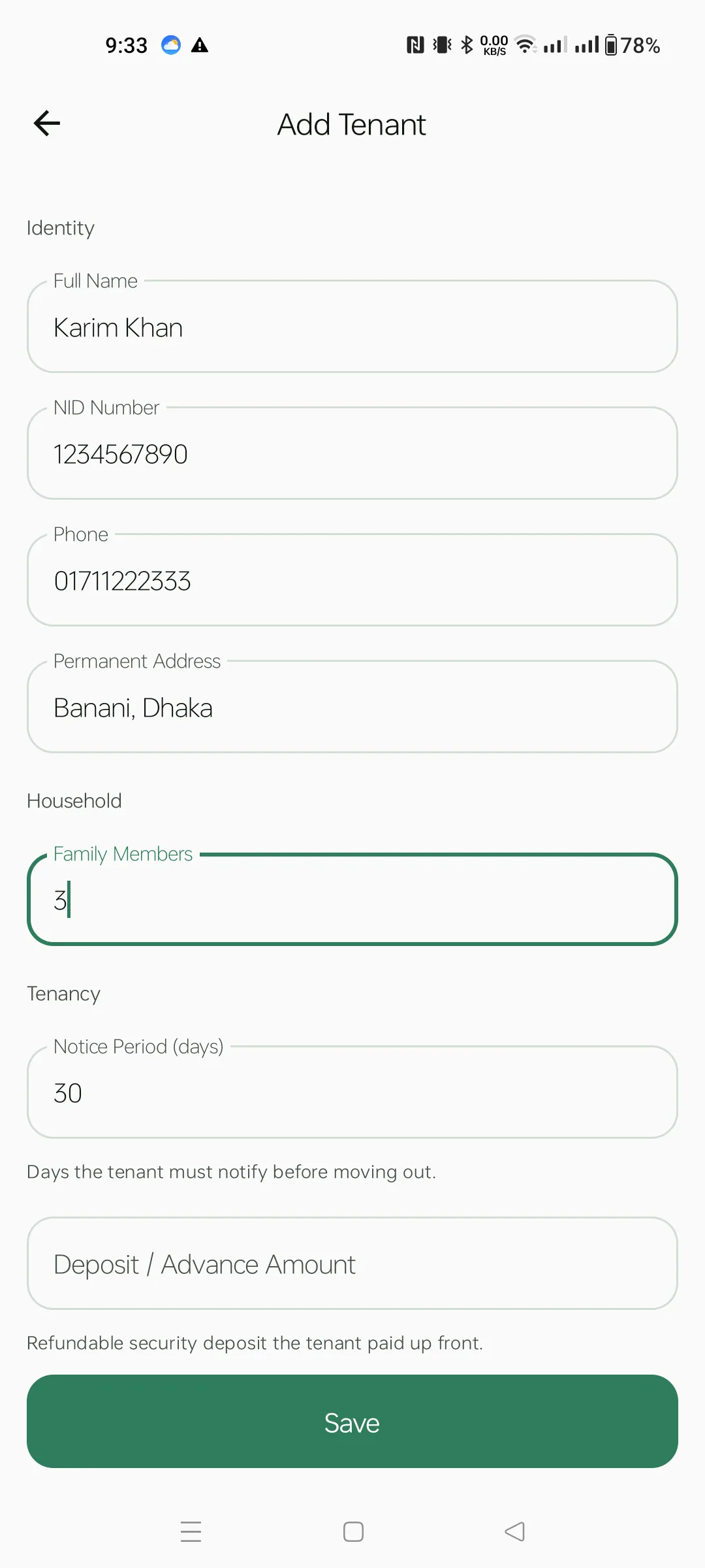 Add Tenant — filled