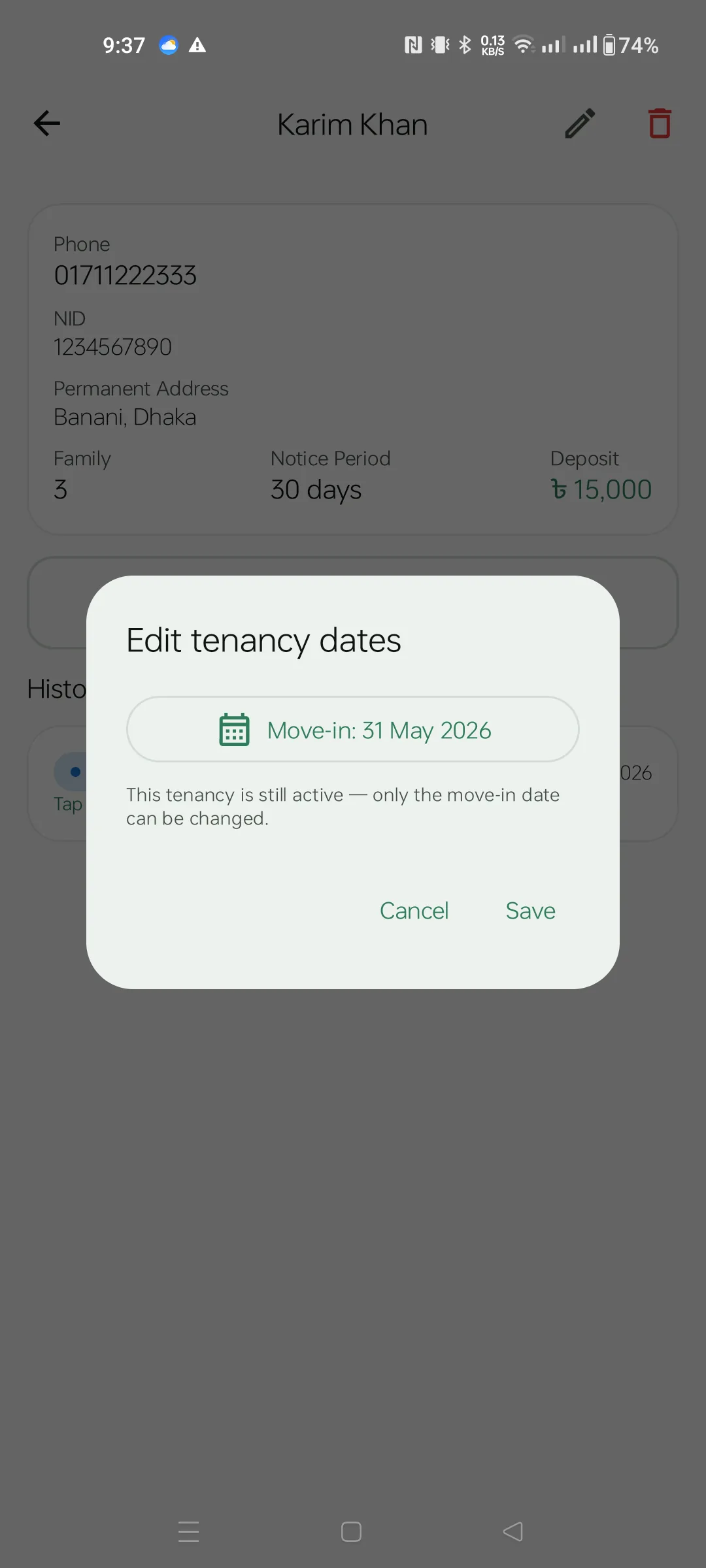 Edit tenancy dates
