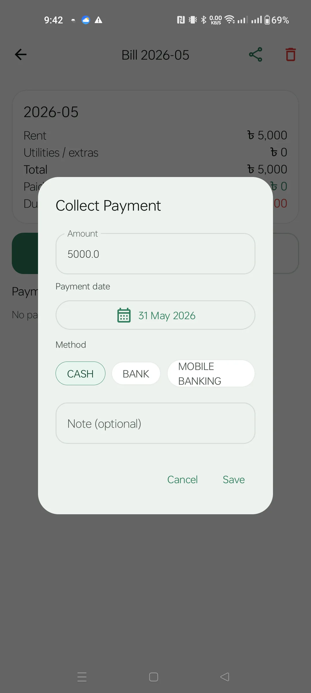 Collect payment dialog