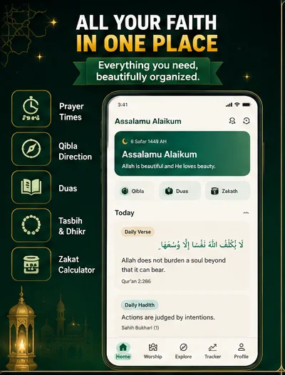 Ihsan home screen — daily verse, daily hadith, Qibla, duas and zakat