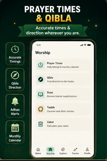 Worship screen with prayer times, Qibla, duas, tasbih and zakat