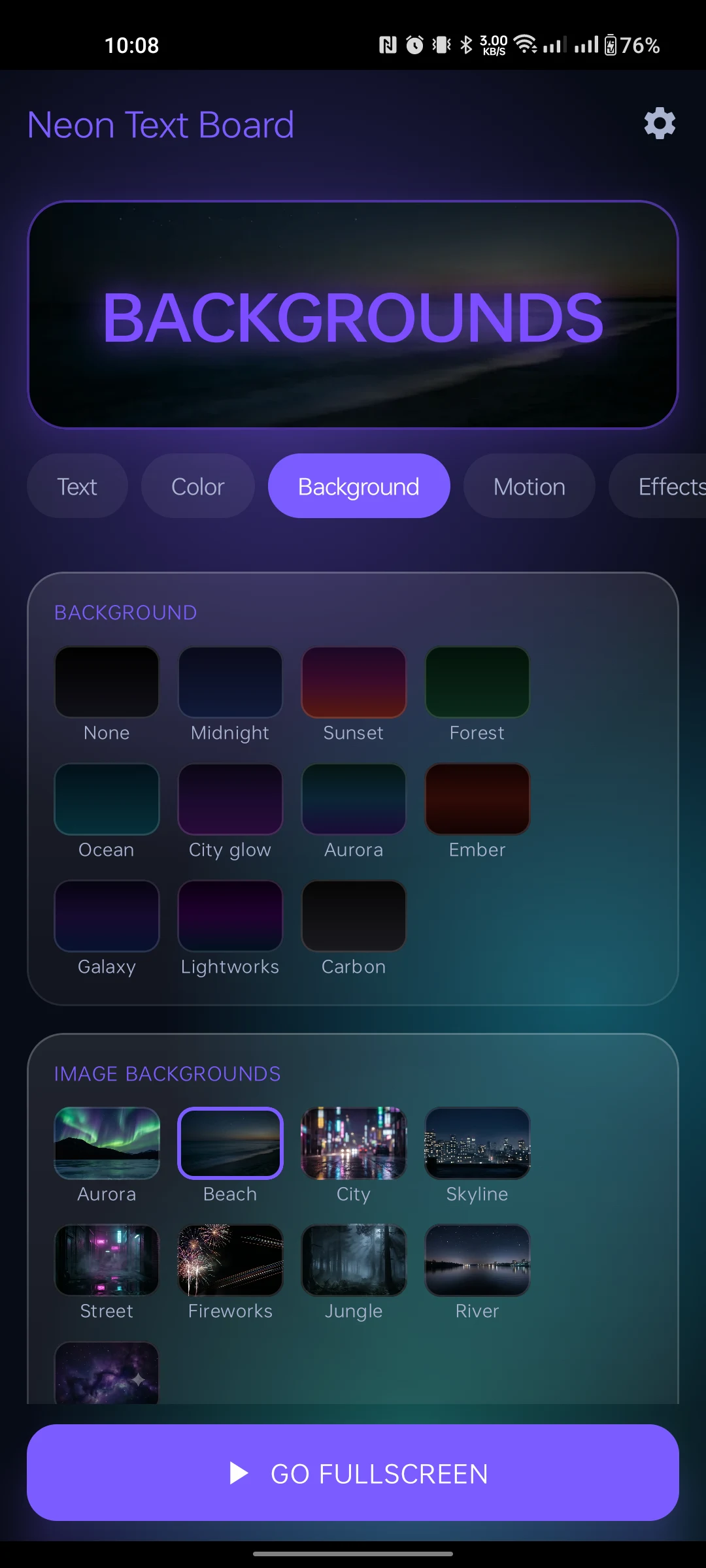 Background picker with purple neon preview