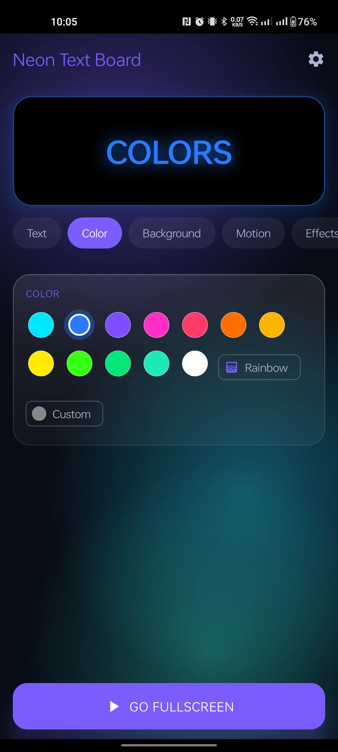 12 neon color presets and custom picker
