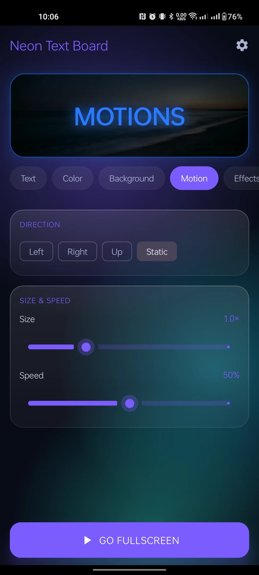 Motion direction, size and speed controls