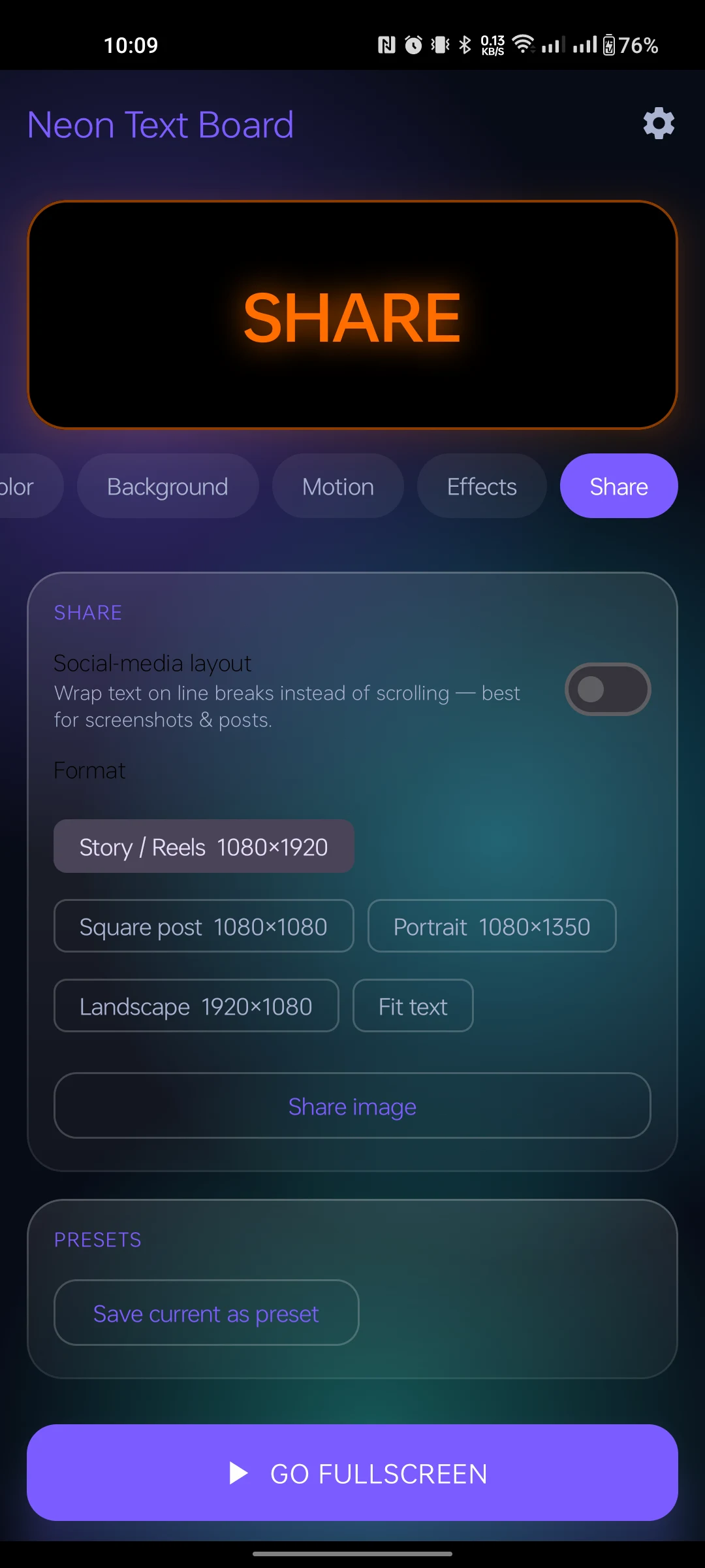 Share / export panel with Story and Reels sizes