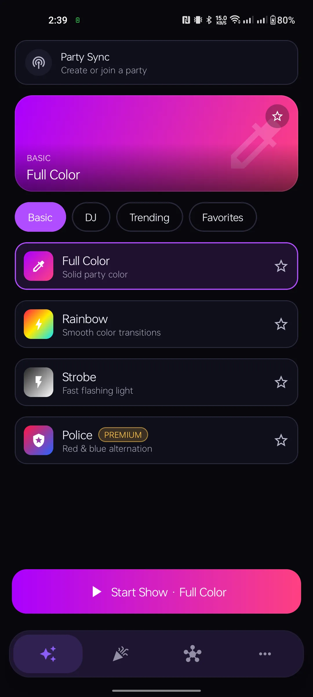 Effects screen showing Full Color, Rainbow, Strobe and Police with Basic / DJ / Hot / Popular filters