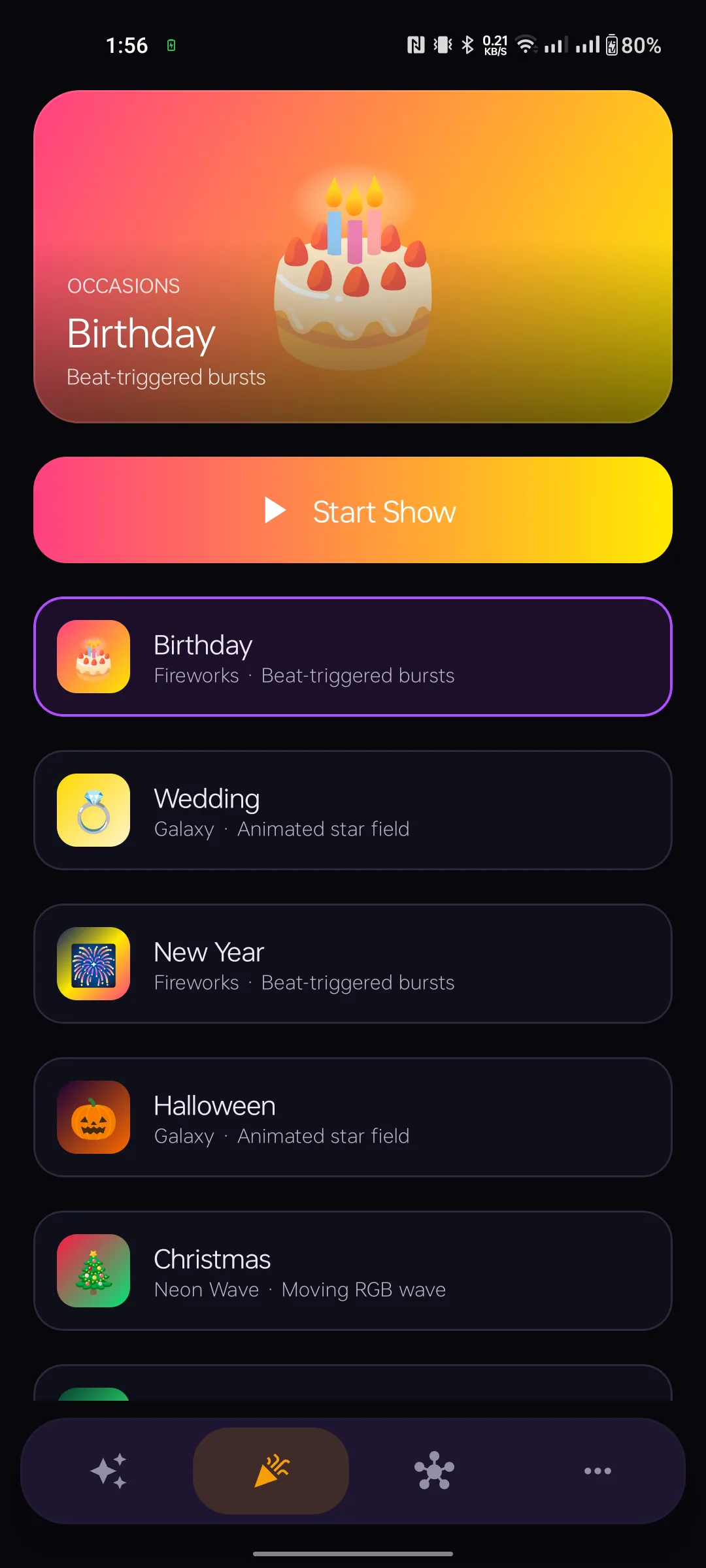Occasions screen showing Birthday, Wedding, New Year and Halloween presets