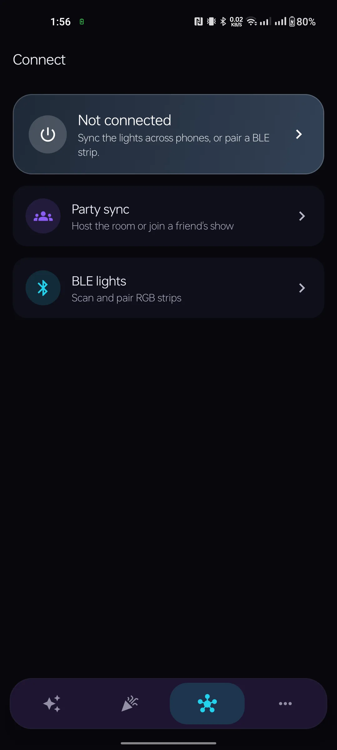 Connect screen with Party sync and BLE lights options