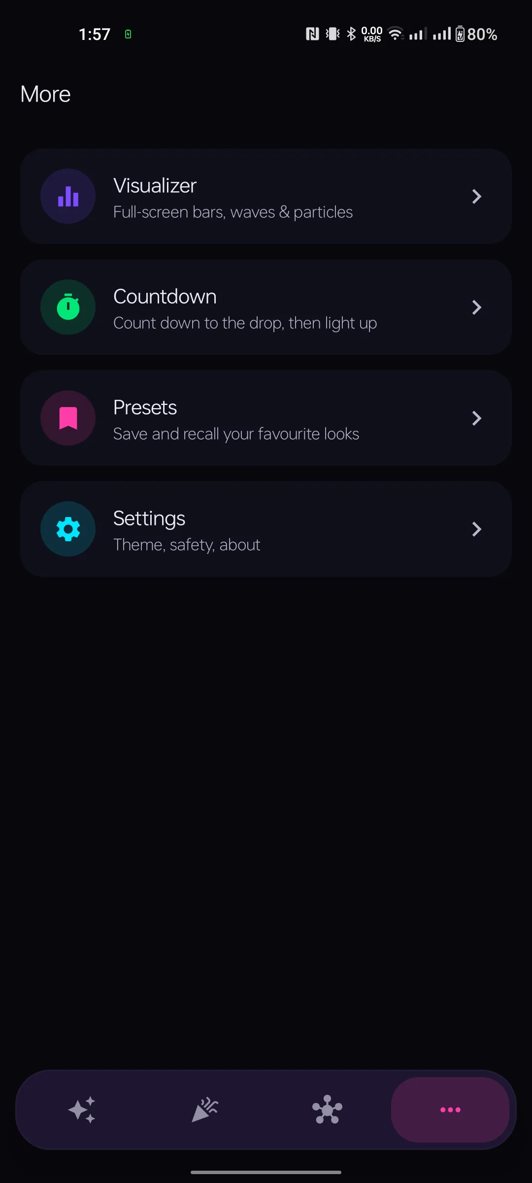 More tab showing Visualizer, Countdown, Presets and Settings