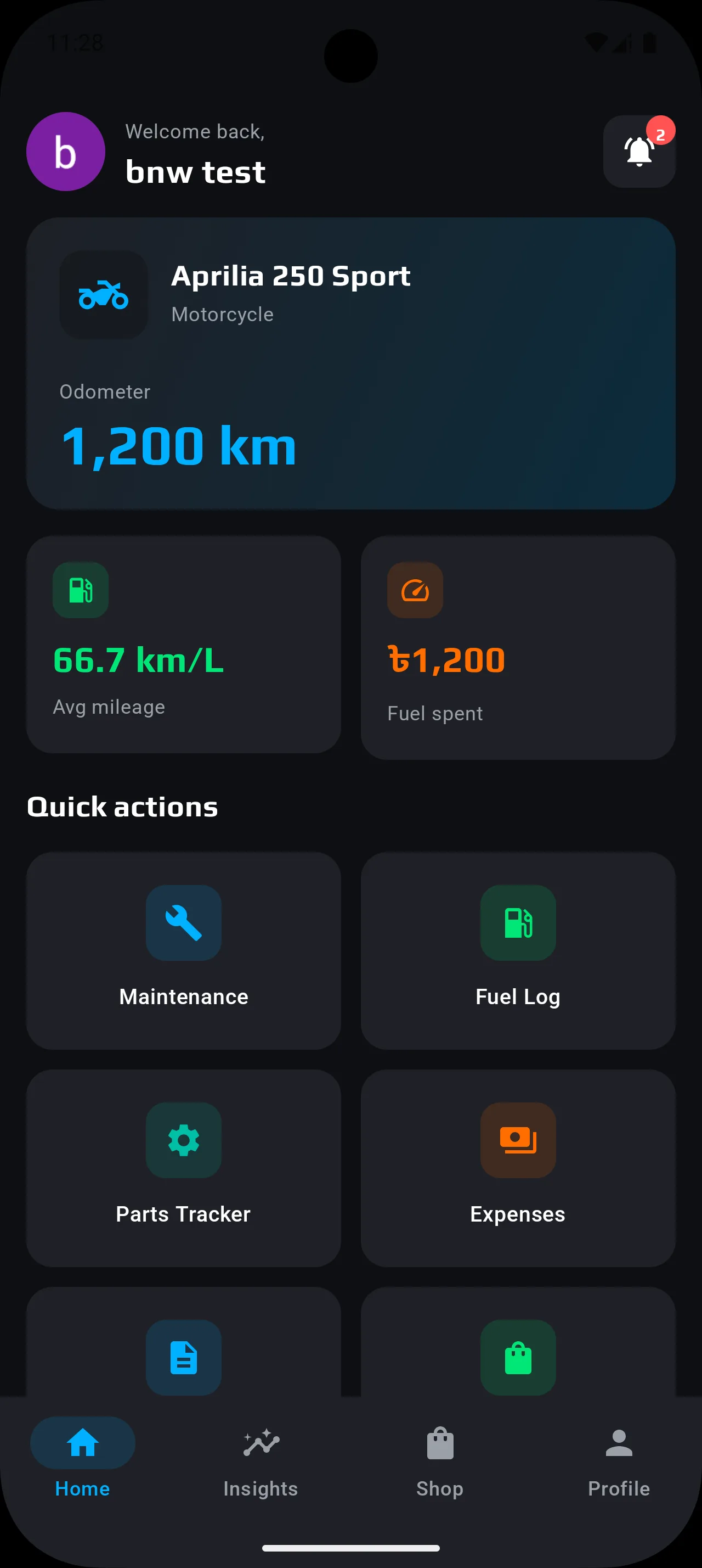 RideCare home dashboard