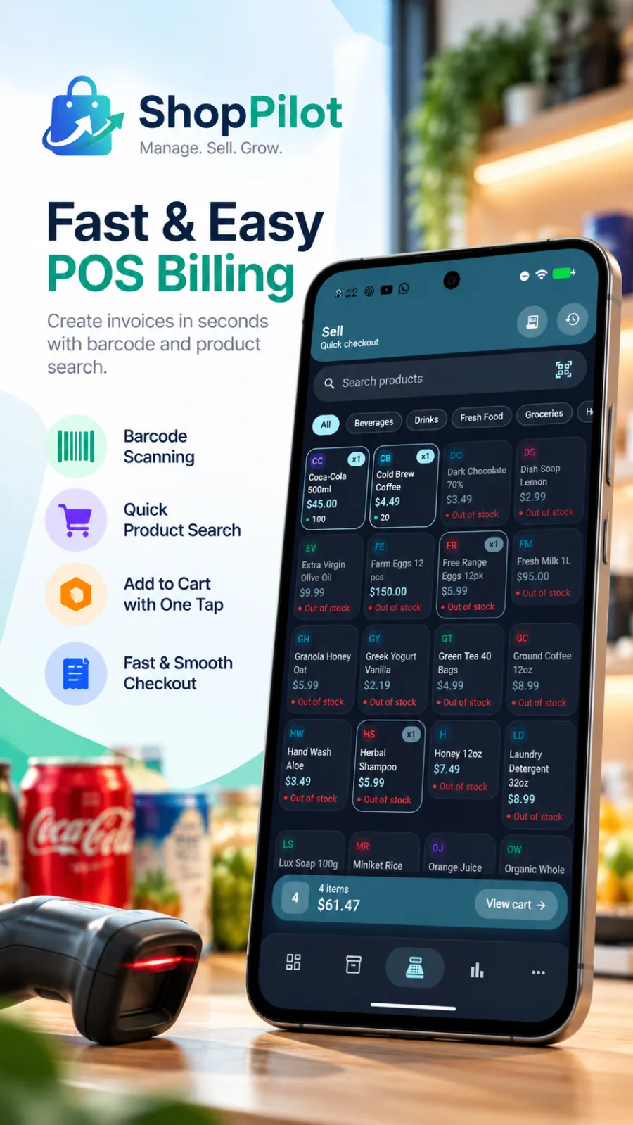 ShopPilot POS and barcode checkout screen