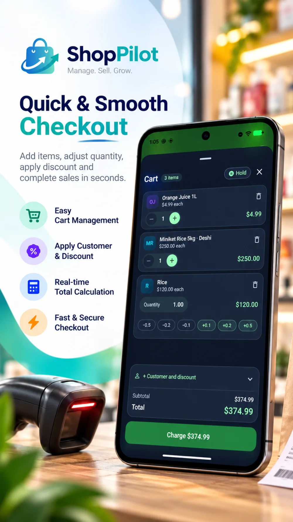 ShopPilot quick checkout showing cart quantities, customer discount and live total