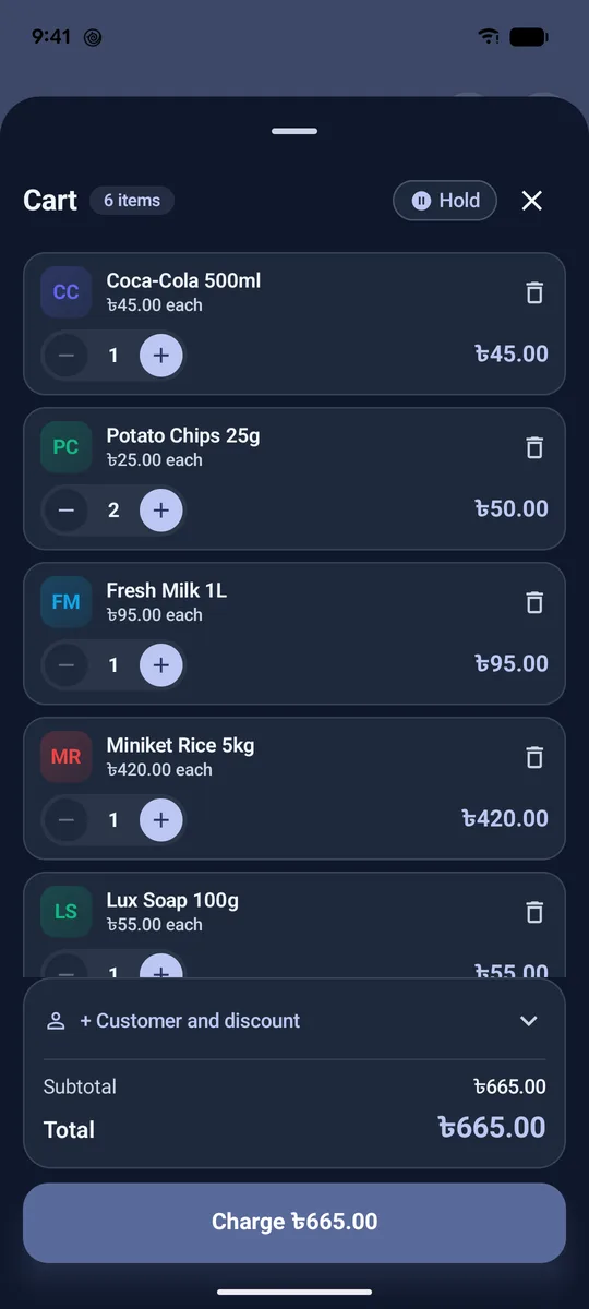 Cart with item rows and quantity controls