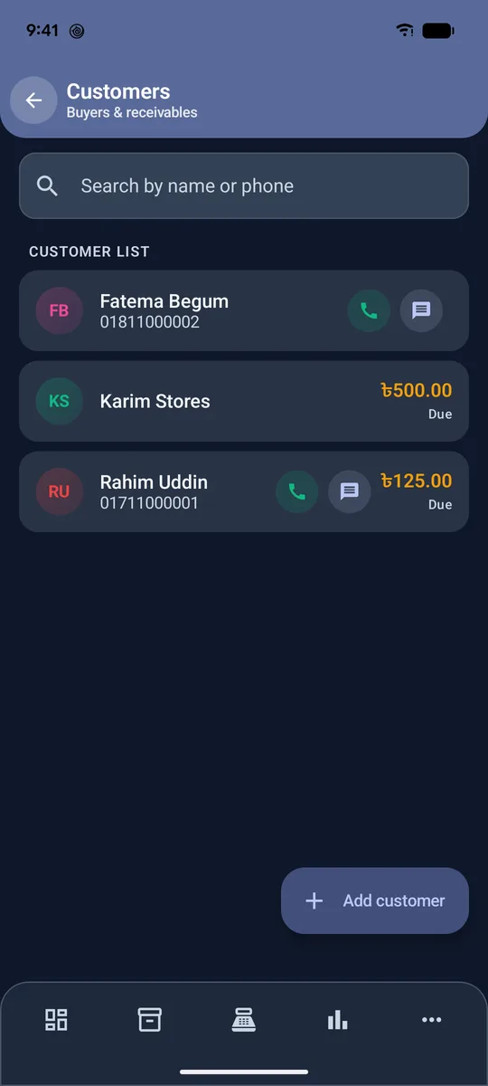 Customer list with dues