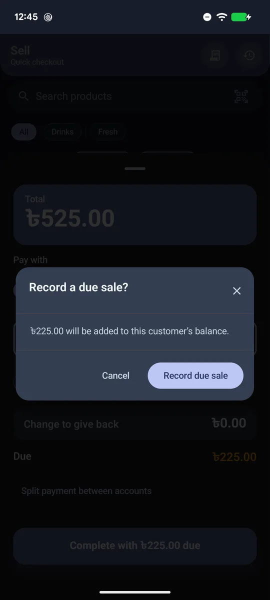 Confirmation dialog to record a due sale