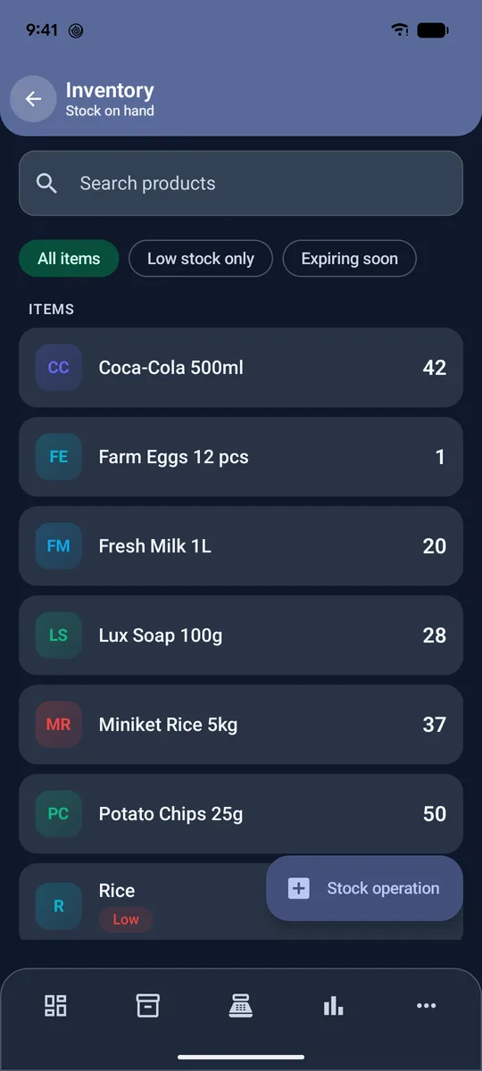 Inventory list with stock counts and filter chips