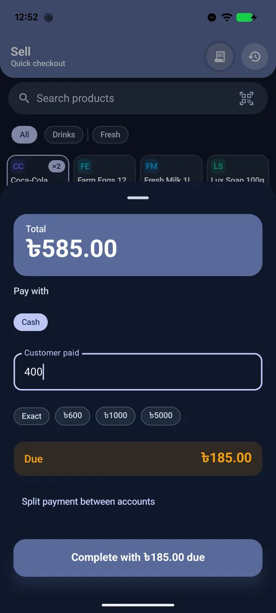 Payment screen showing an amber due amount