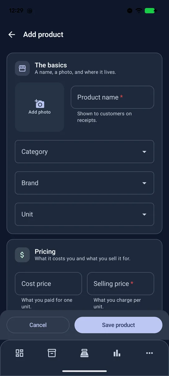 Add product form with name, photo, category and prices