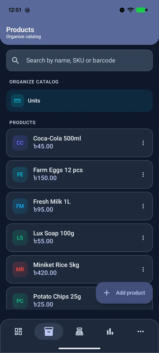 Product list with coloured initials for each product