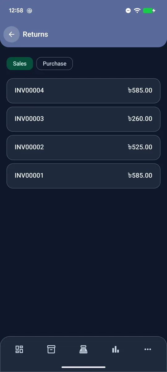 Returns screen with sales tab