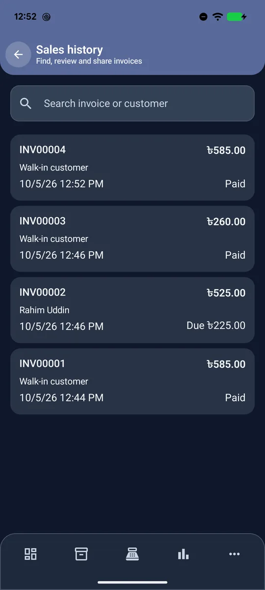 Sales history list of invoices