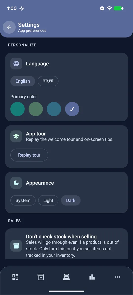 Settings with language, colour and appearance