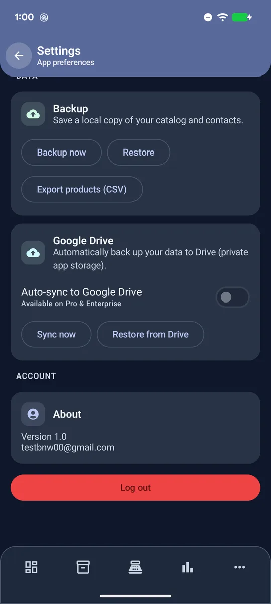 Settings with backup and Google Drive