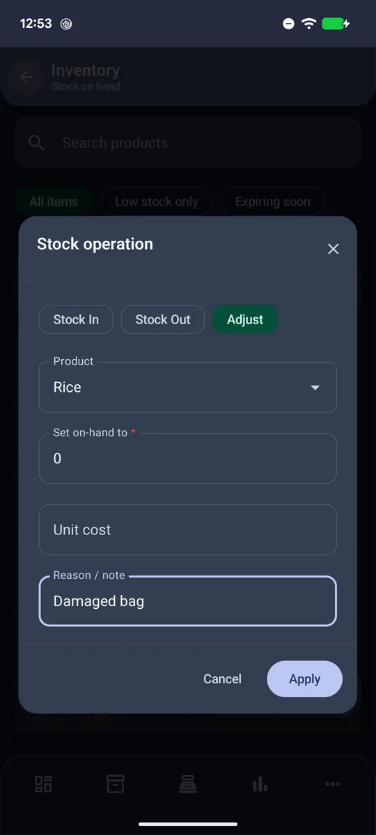 Stock operation dialog set to Adjust