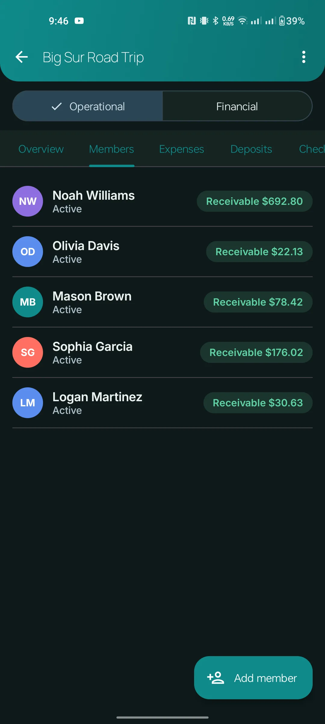 Members tab with each member's receivable amount