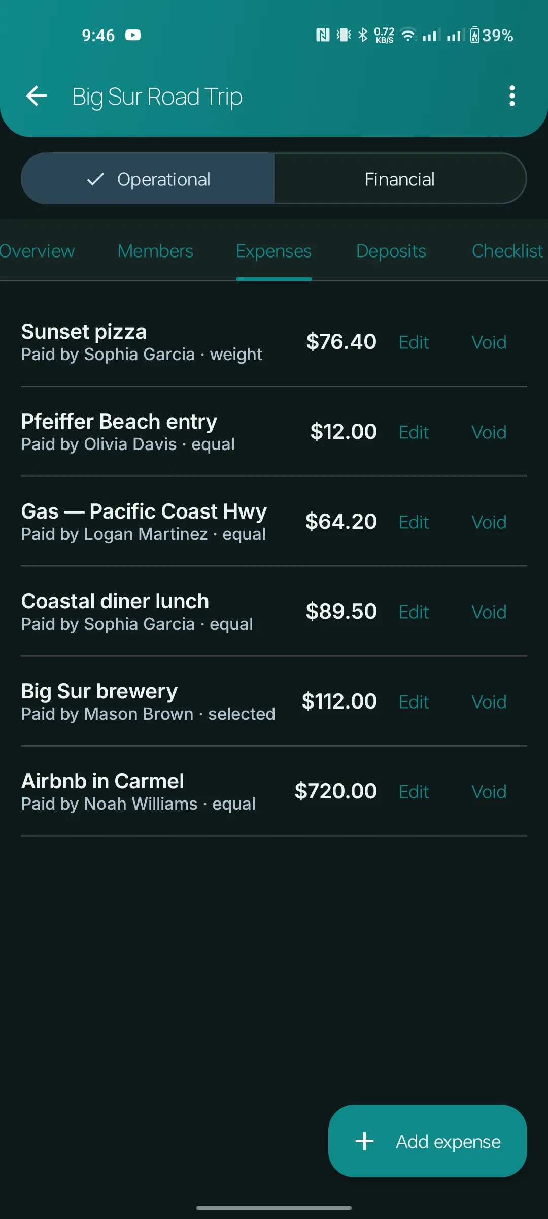 Expenses tab showing line items with paid-by, split type, edit and void actions