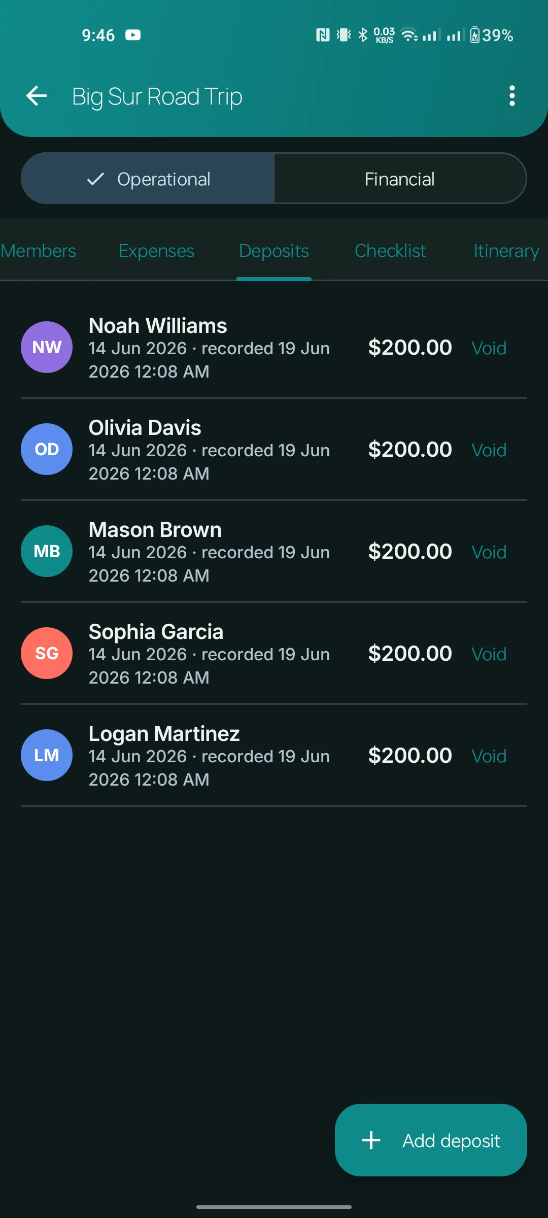 Deposits tab showing each member's contributions with timestamps