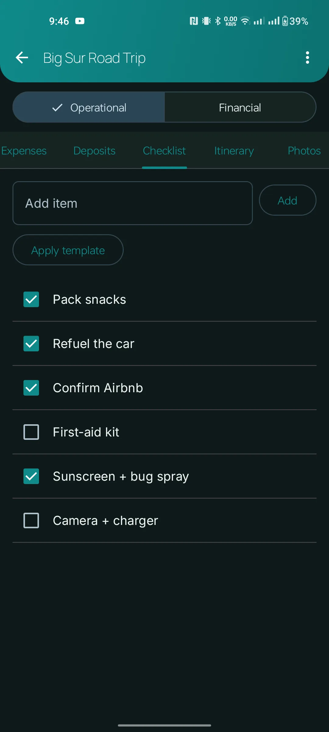 Checklist tab with packing items and apply template button