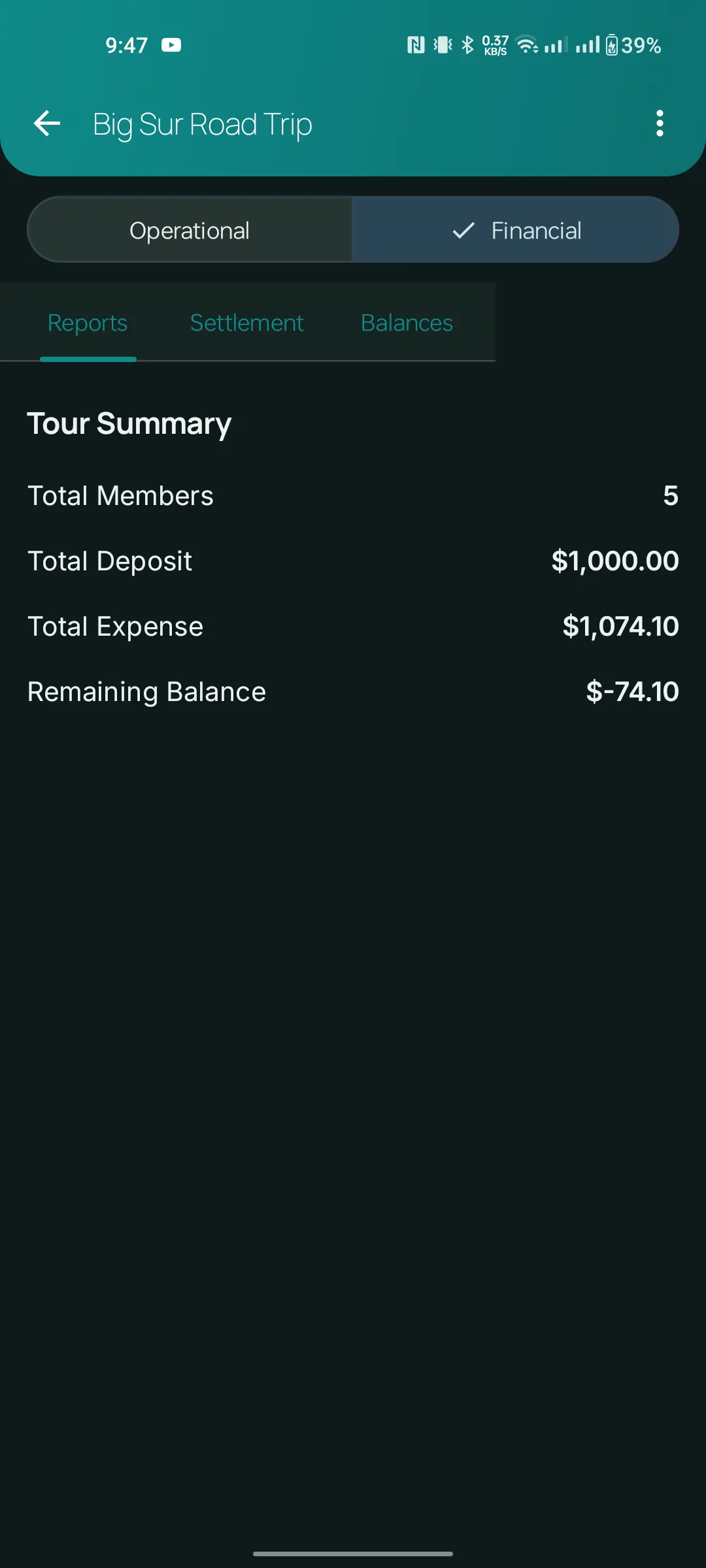 Financial reports tab showing total members, deposit, expense and remaining balance