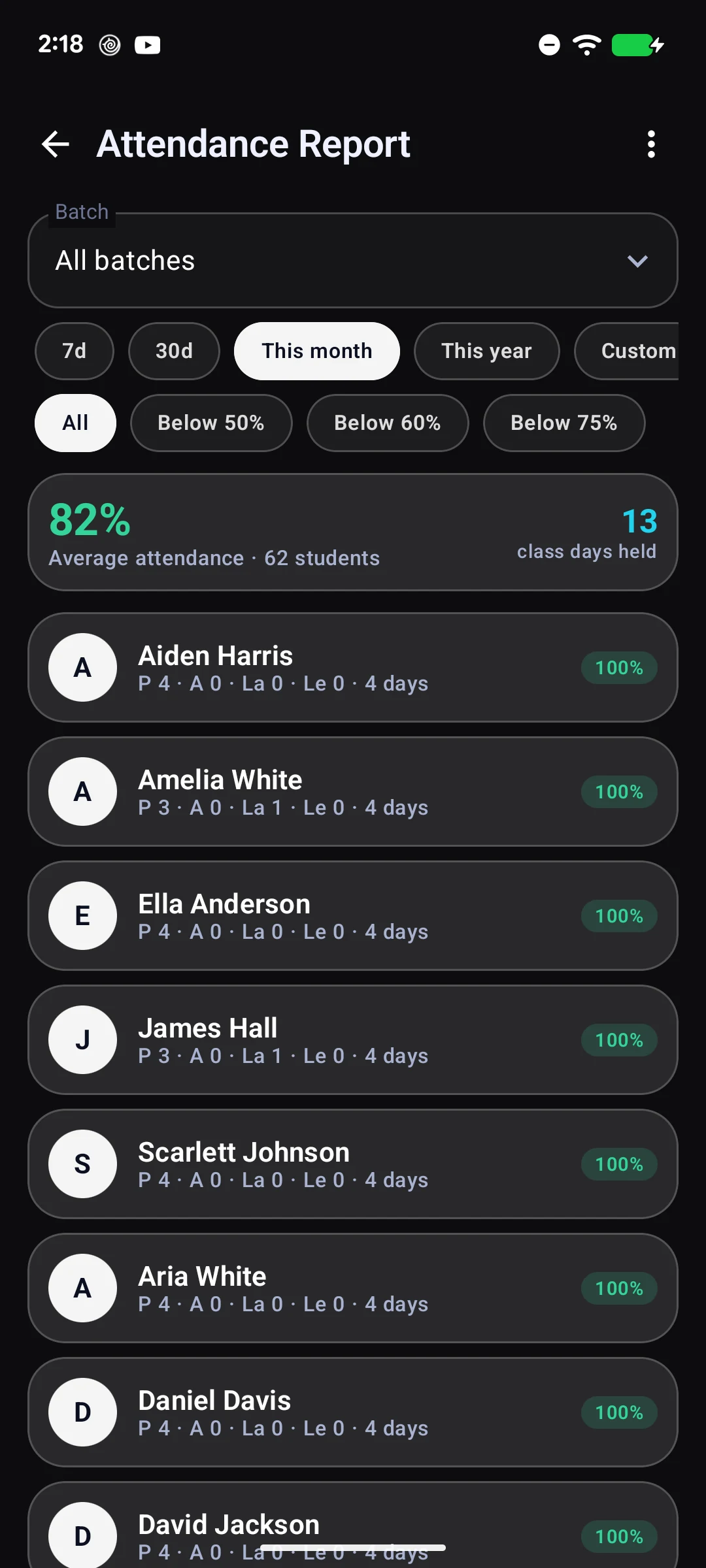 TutorDesk attendance percentages and student filters