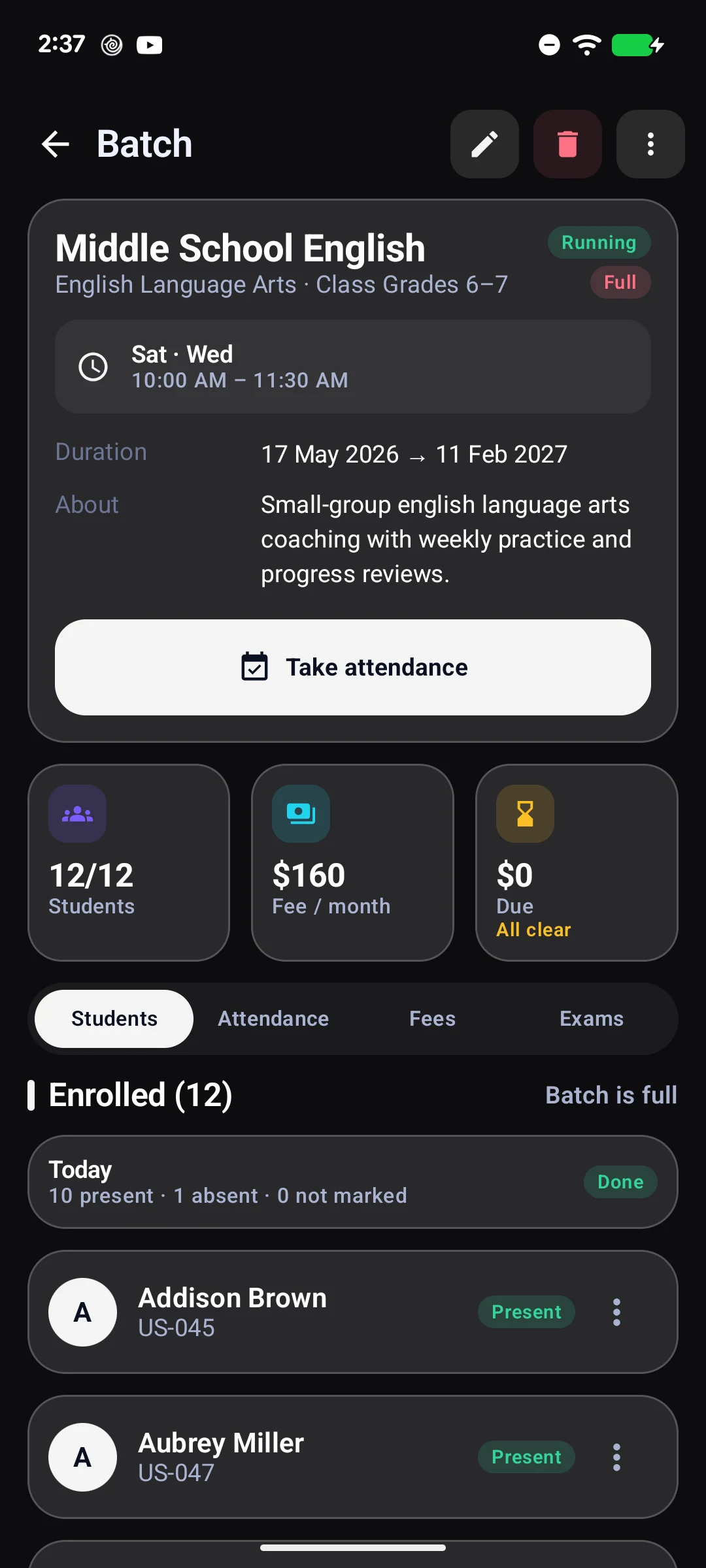 Batch detail with schedule, enrolled students, attendance and fees.