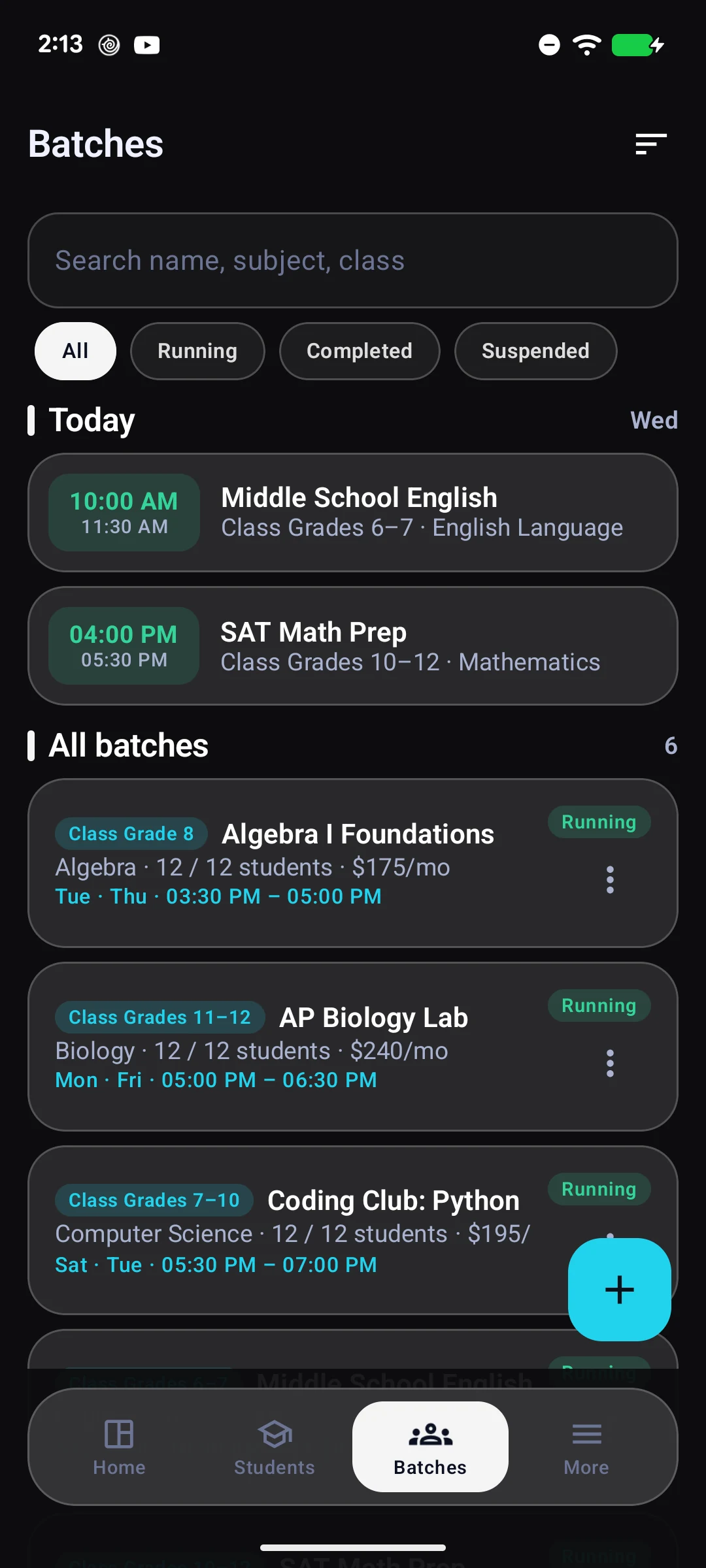 Batches list with today's classes, schedules, fees and capacity.