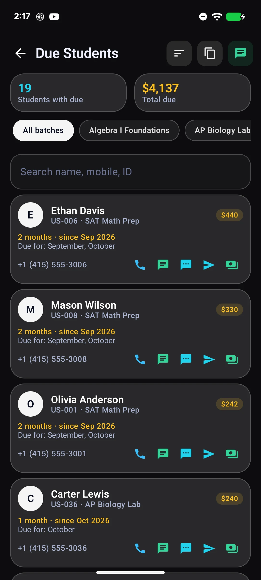 TutorDesk overdue fees and guardian contact shortcuts