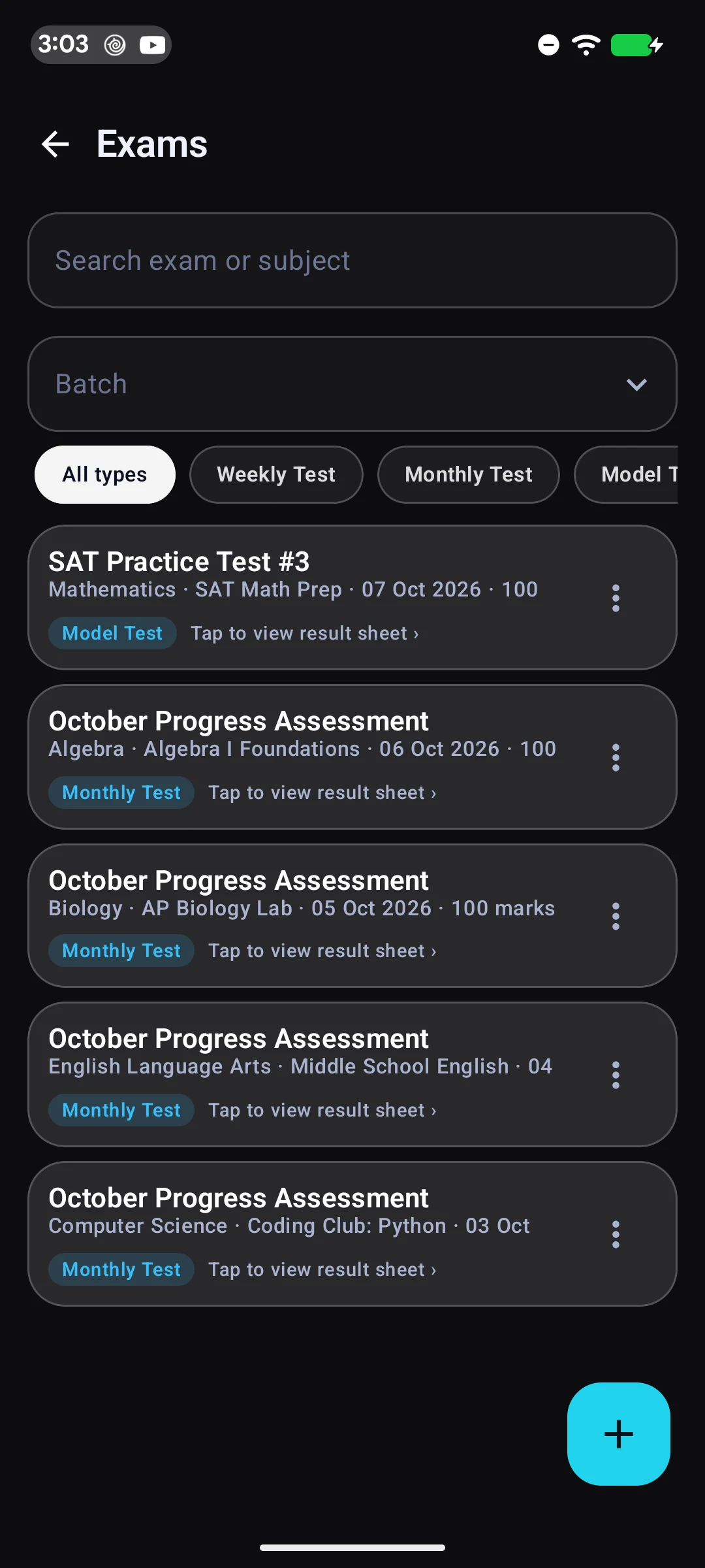 Exams list with batch and exam type filters.