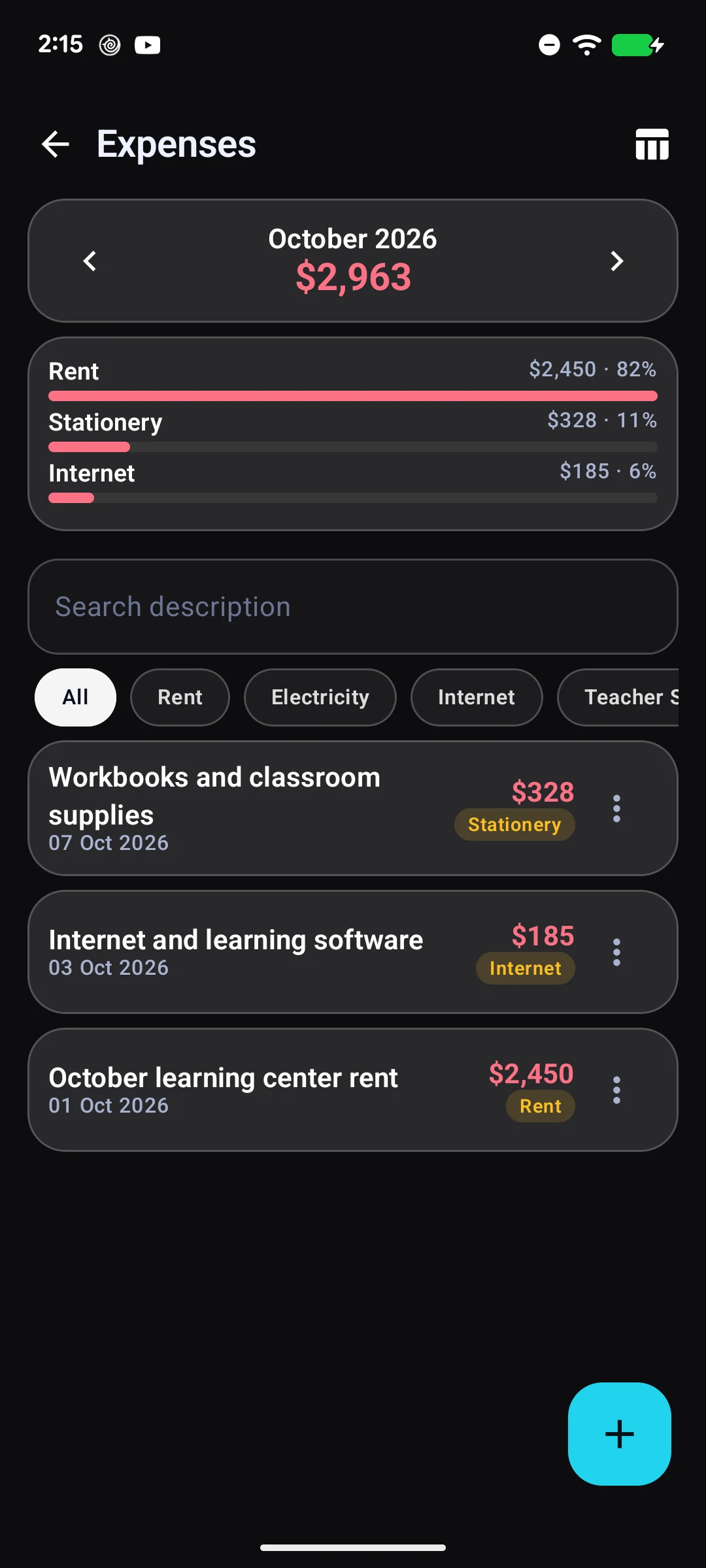 TutorDesk monthly expenses and category breakdown
