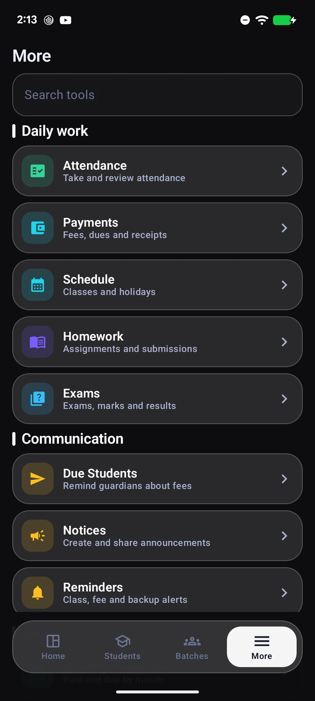 More menu: daily work and communication tools.