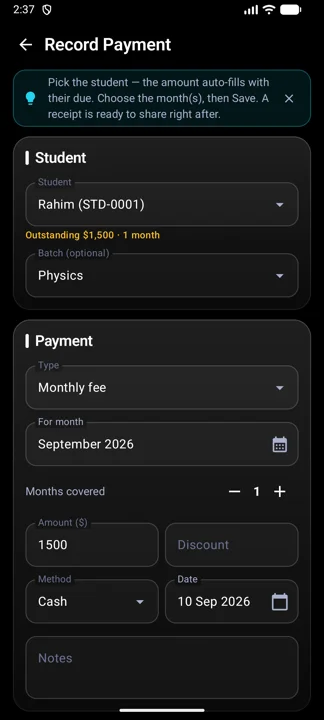 The payment form pre-filled from the student's outstanding due.