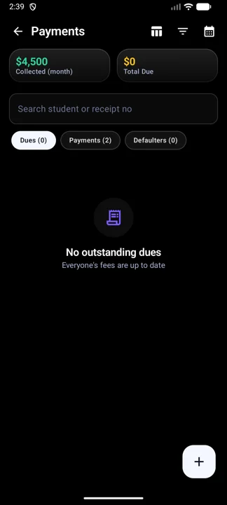 Payments with Dues, Payments and Defaulters tabs.
