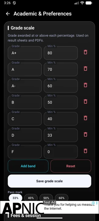 Academic & preferences: the editable grade scale.