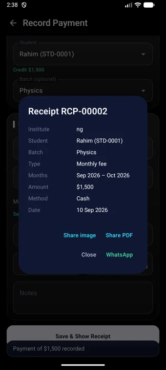 The receipt dialog shown right after saving a payment.