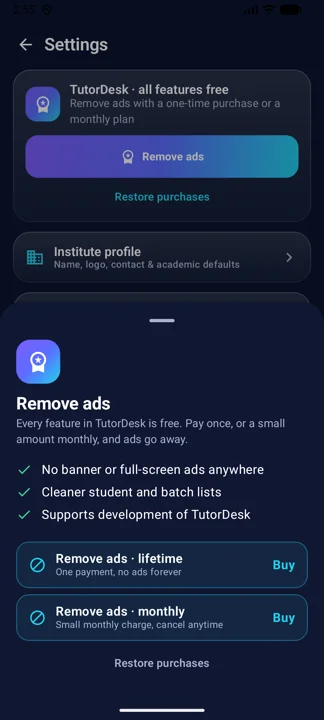 The Remove ads sheet with the lifetime and monthly options.